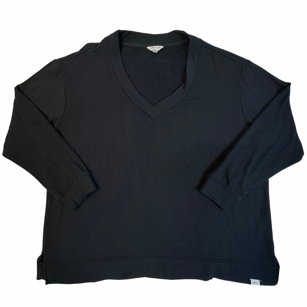 Orvis Womens 1X Black V Neck Top 3/4 Sleeve Stretch Casual Plus Size